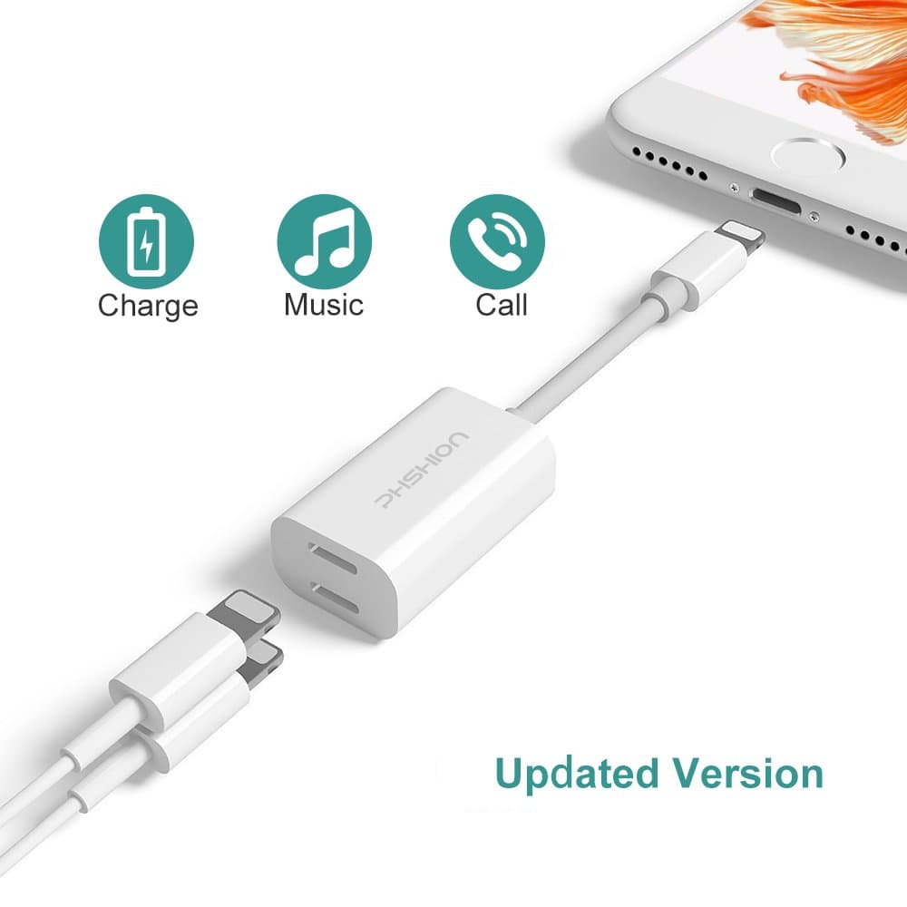 iPhone 8/8 Plus Dual Lightning Adapter & Splitter, Phshion Double Lightning Port Jack with Audio, Charge and Sync Data for iphone 7/7 Plus, Compatible with iPhone X and ios 11