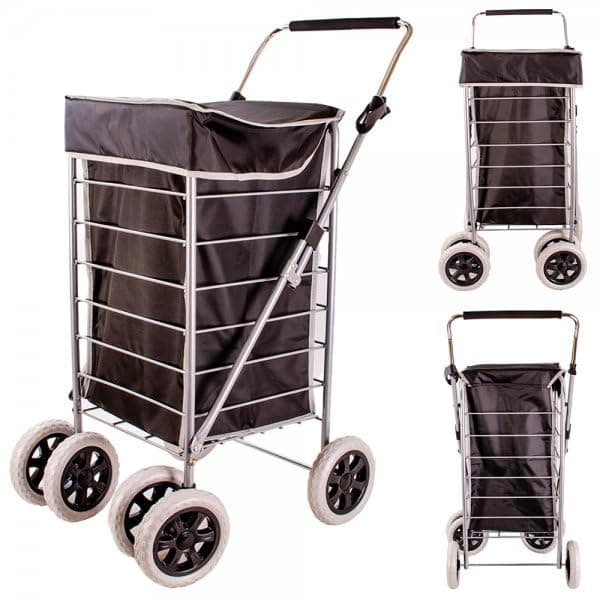 Premium 6 Wheel Swivel Shopping Trolley with Adjustable Handle Plain Black with Grey Trim