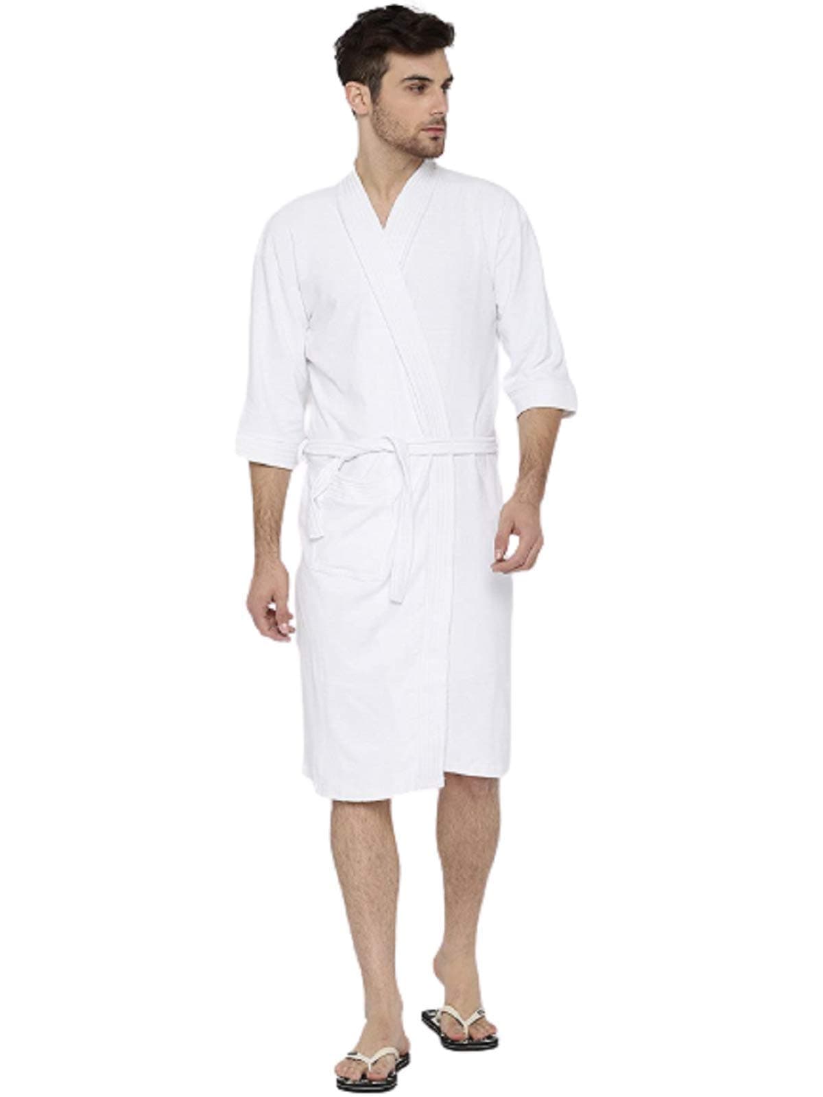 ELEVANTO Collection 3/4Th Sleeve Terry Cotton Bathrobe-Free Size(WHITE-Men)