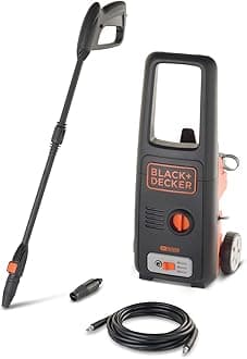 BLACK+DECKER BXPW1500E Pressure Washer, 120 Bar PSI, Rotary Nozzle, 0.4 L Foam Nozzle, Jet Nozzle, Extension Lance, 6 m Hose, 1500 W, Black & Orange