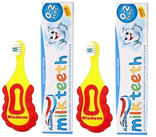 2 x Wisdom Step-by-Step Baby Toothbrush 0-2 Years and 2 x Aquafresh Milk Teeth Babies Toothpaste 50ml Set, Supersoft Brush Extra Small Head, Gentle Brushing & Cleaning
