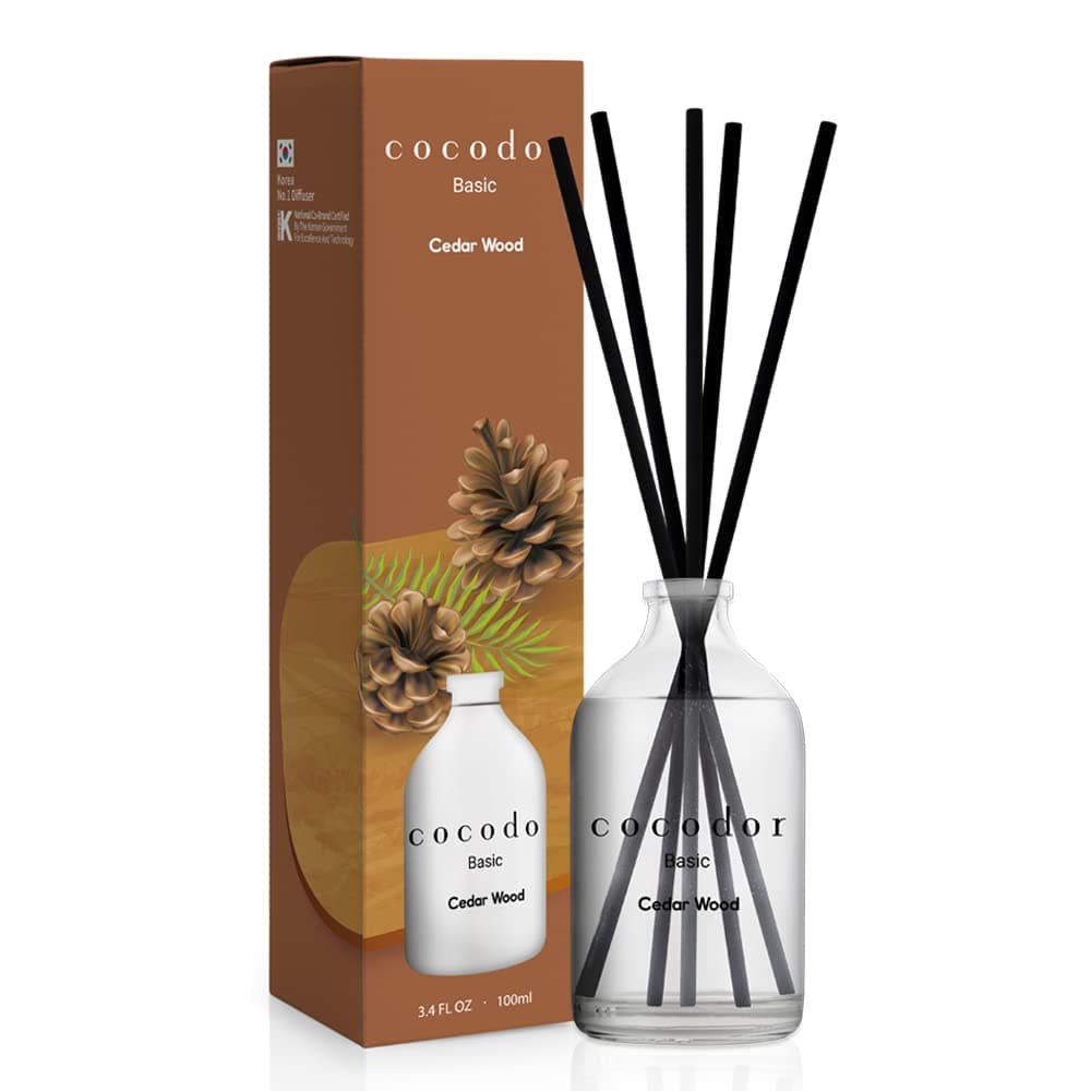 [COCODOR/Cedar Wood] Basic Reed diffusers Oil with a Set of 5 Fiber Sticks, 100ml, Best for Home, Kitchen, Bathroom. Diffusers with sticks.