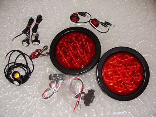 Fits JEEP® Wrangler 4" RED Red LED's Tail Light Kit with 7/8" LED Backup, 3/4" Side markers Front LED 7/8" Amber Turns Indicators Stainless Plate Lights Great For Tube Fender Conversion