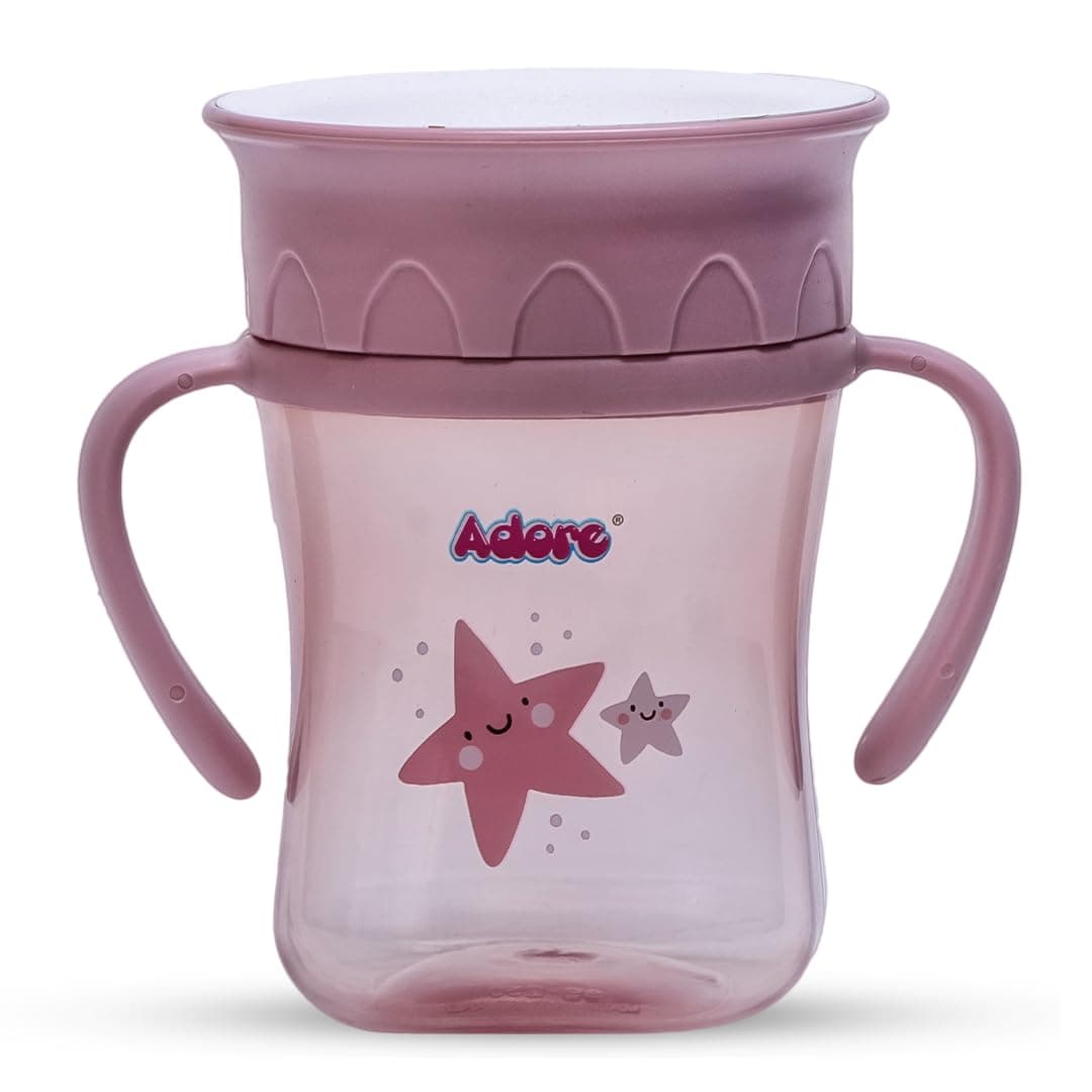 Adore Plastic Magic 360 Spoutless Sipper Cup with Handle |Baby Water Bottle for 6 to 12 Month Baby | Anti Spill Water Sipper Straw Cup for Kids for Baby for Baby & Toddlers (250Ml, Pink)