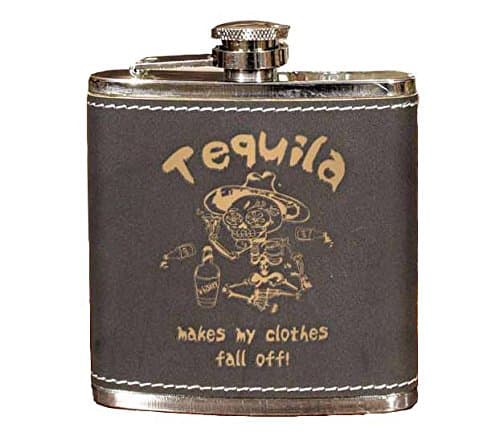 Tequila Makes My Clothes Fall Off 6 Oz Black Leather Stainless Steel Hip Flask with Laser Engraved Design - Leak Free, Easy To Hide | Thousand Oaks Barrel Co. (FSK617A)