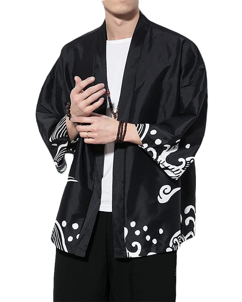 PRIJOUHE Men's Kimono Cardigan Jacket Japanese Style Flying Crane Seven Sleev...