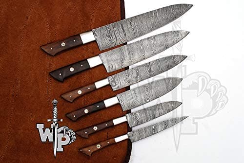 WP-1071 Custom Handmade Damascus Kitchen/Chef Knife Set 6/Piece Pocket Case Chef Knife Roll Bag By World Points (Walnut Wood)