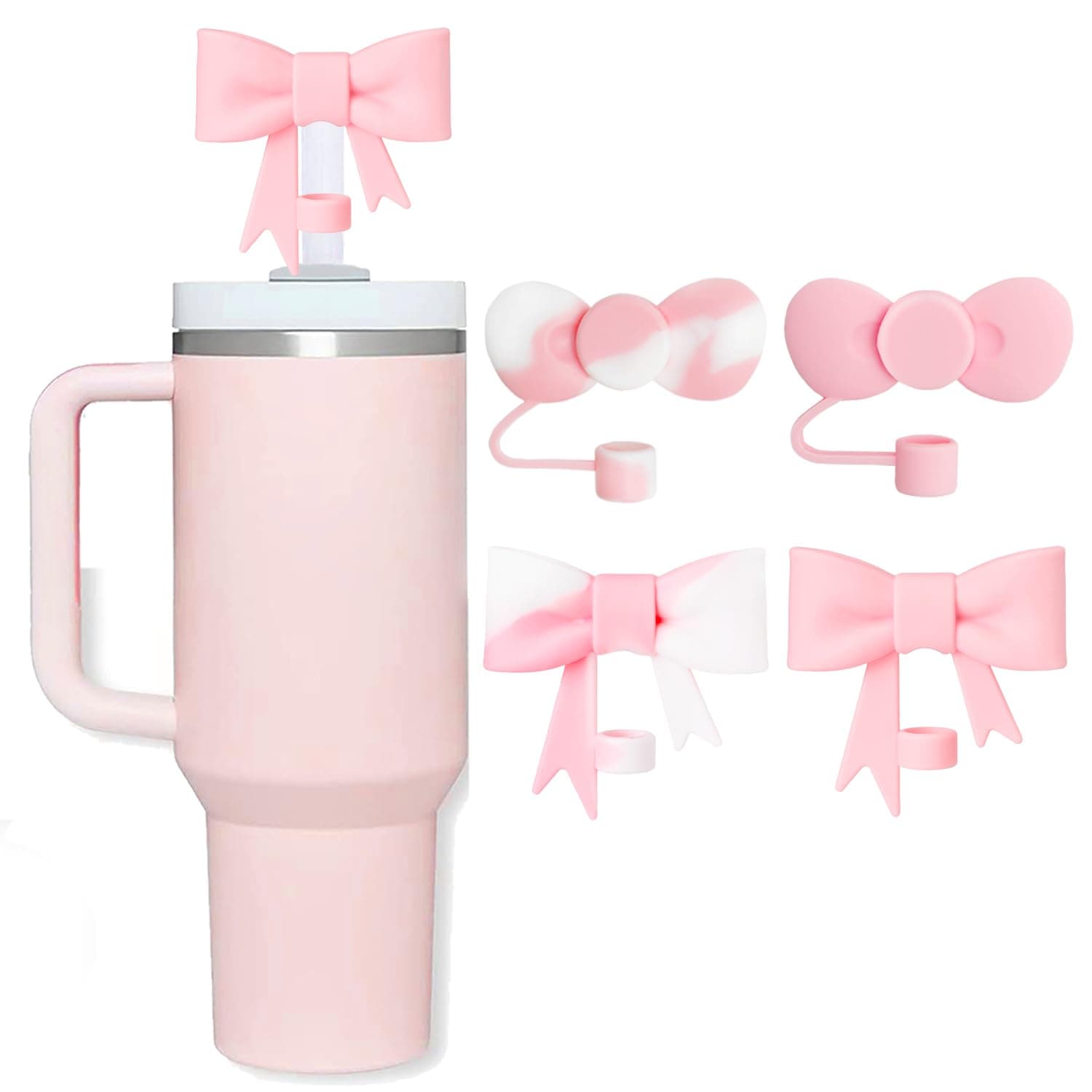 Pink Bow Straw Covers Cap Toppers Compatible with Stanley Cups, Cute 10mm Reusable Silicone Straws Topper for 40oz Tumbler with Handle, Stanleys Cup Accessories,4Pcs