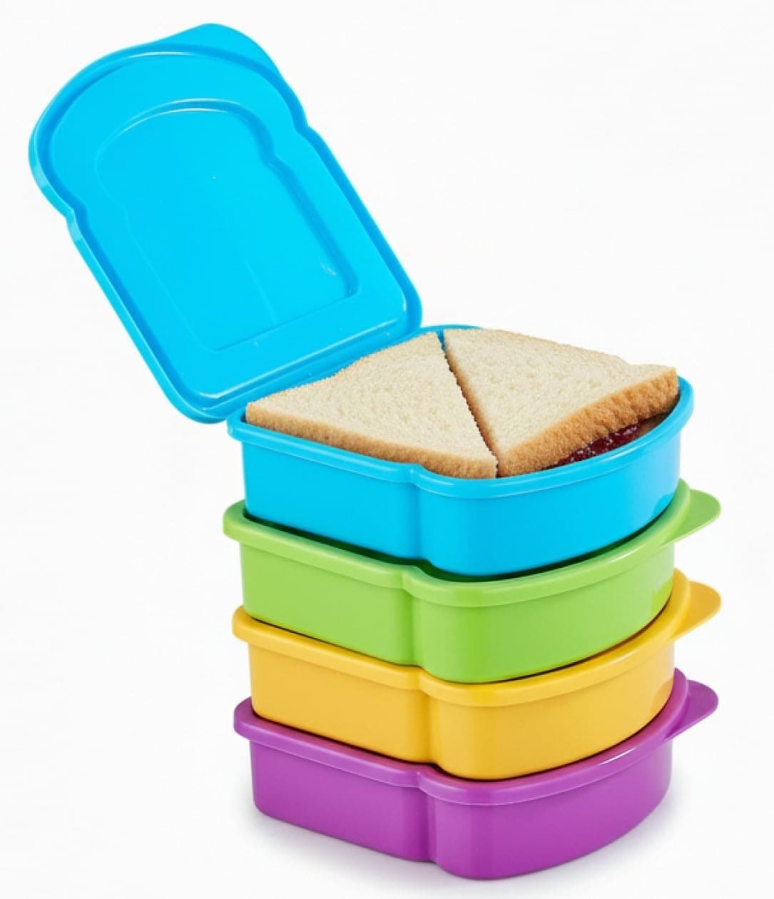 4 Pack - Fun Size Sandwich Containers - Connected Lid Assures Top & Bottom Always Make it Home. Reusable, BPA Free Plastic - Sandwich Box - Use for Fruit, Salad, Lunch Box Snacks and Food Storage