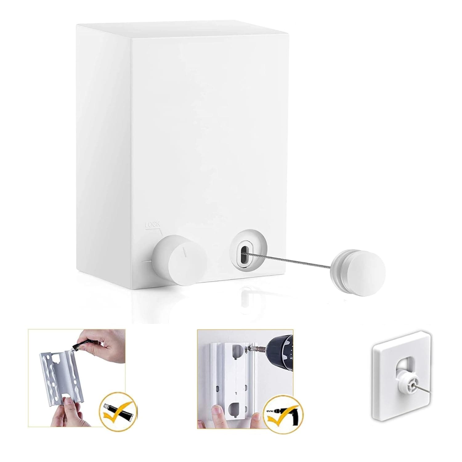 Retractable Clothesline, Wall Mounted ABS case+Aluminum Dryer with Adjustable Stainless Steel Rope String Hotel Style Heavy Duty,White ,1 Count