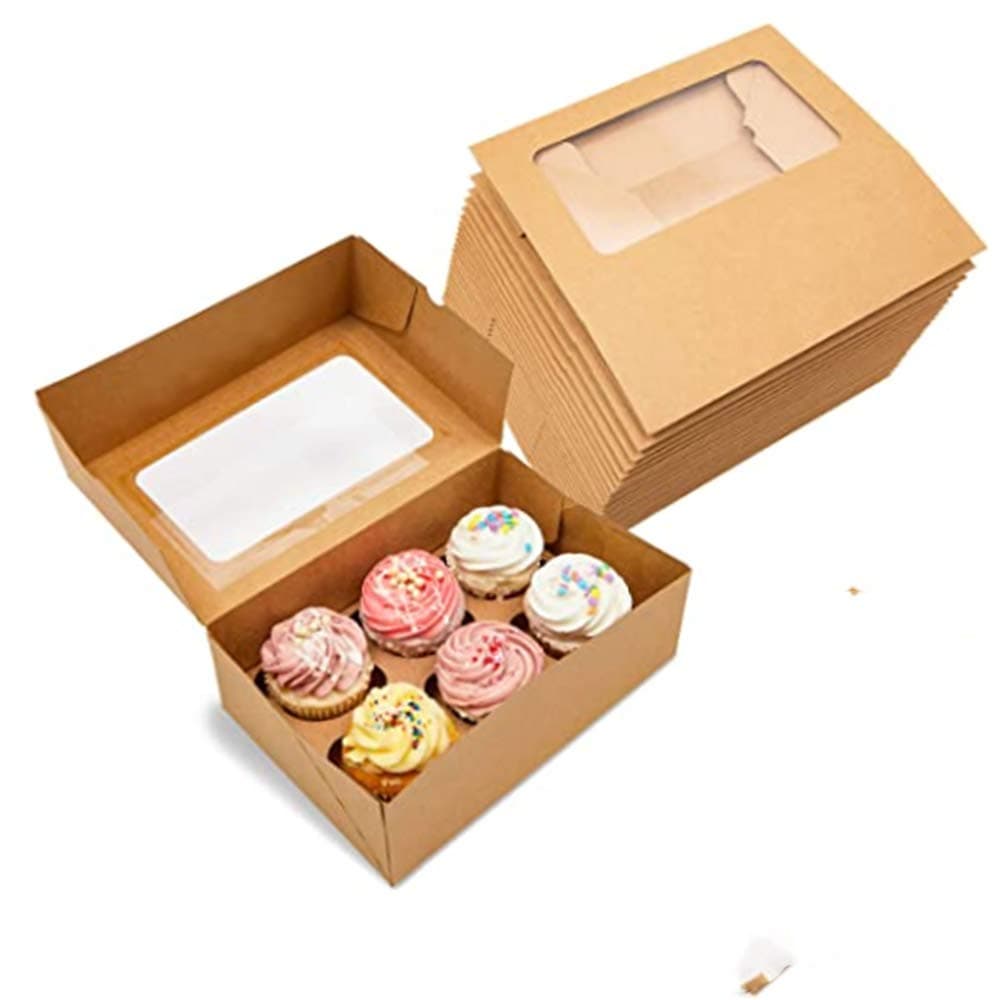 20 pcs Kraft Cupcake Boxes with 6 Inserts and Window, Large Brown Kraft Standard Bakery Boxes with Window Food Grade Cake Carrier Container for Muffins Gift Treat Box Bulk,