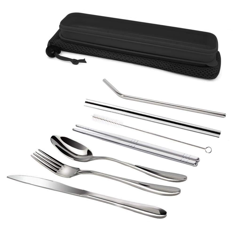 7 PCs Silverware Set with Carry Case, 304 Stainless Steel To Go Cutlery of Fork, Knife, Spoon, Chopsticks, 2 Straws and Cleaning Brush, Portable Travel Flatware Set-Black