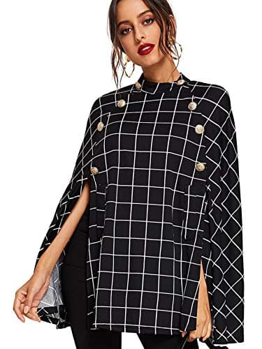 MAKEMECHIC Women's Button Front Cloak Sleeve Elegant Cape Mock Poncho Classy Plaid Print Cape Coat XS