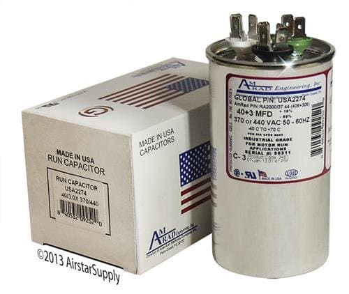 40 + 3 uf/Mfd Round Dual Universal Capacitor Replacement Amrad USA2274 Replacement - Used for 370 or 440 VAC, Made in The U.S.A.