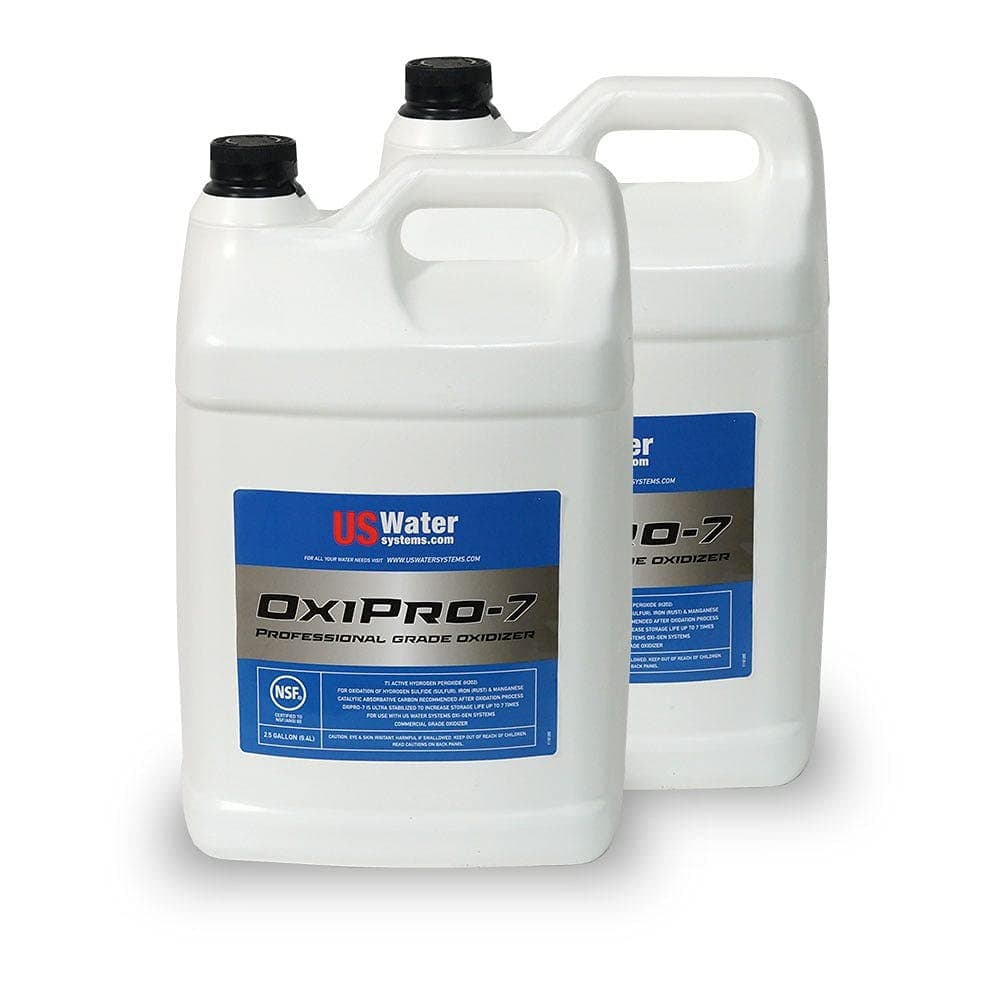 US Water OxiPro-7 Hydrogen Peroxide Blend - 2.5 Gallon Bottles (2), Professional Grade Oxidizer, Removes Rotten Egg Smell & Pollutants from Water, NSF Certified