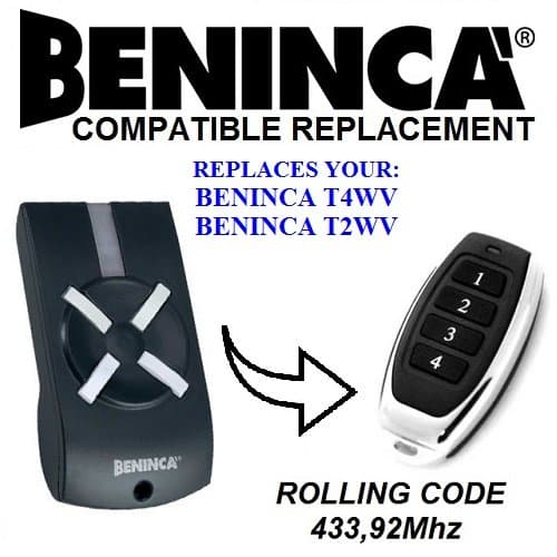 BENINCA T2WV, T4WV compatible remote control replacement transmitter, 433.92Mhz rolling code keyfob