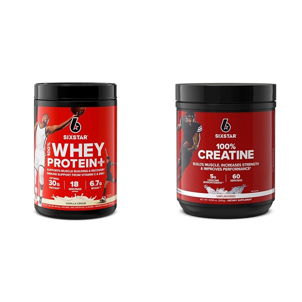 Six Star Whey Protein Plus & Creatine Monohydrate Powder Bundle | Vanilla Whey Protein Isolate 1.8 lbs & Unflavored Creatine 60 Servings