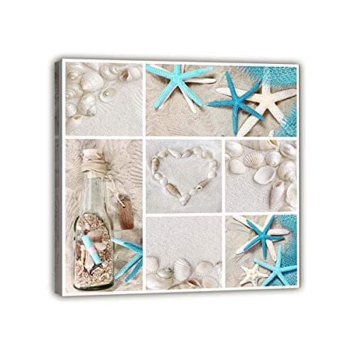 Maectpo Beach Theme Wall Art Decor Oceanic Theme Canvas Wall Decor Turquoise Starfish Prints Seashell Pearl Drifting Bottle on Beach Sand Canvas Prints Framed Ready to Hang Teal 20x20inch