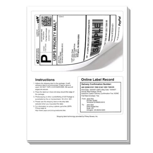 50 Click Ship Labels with Tear Off Receipt, Perforation & Die-Cut Label Built into The Sheet. Blank and Print Online Postage.