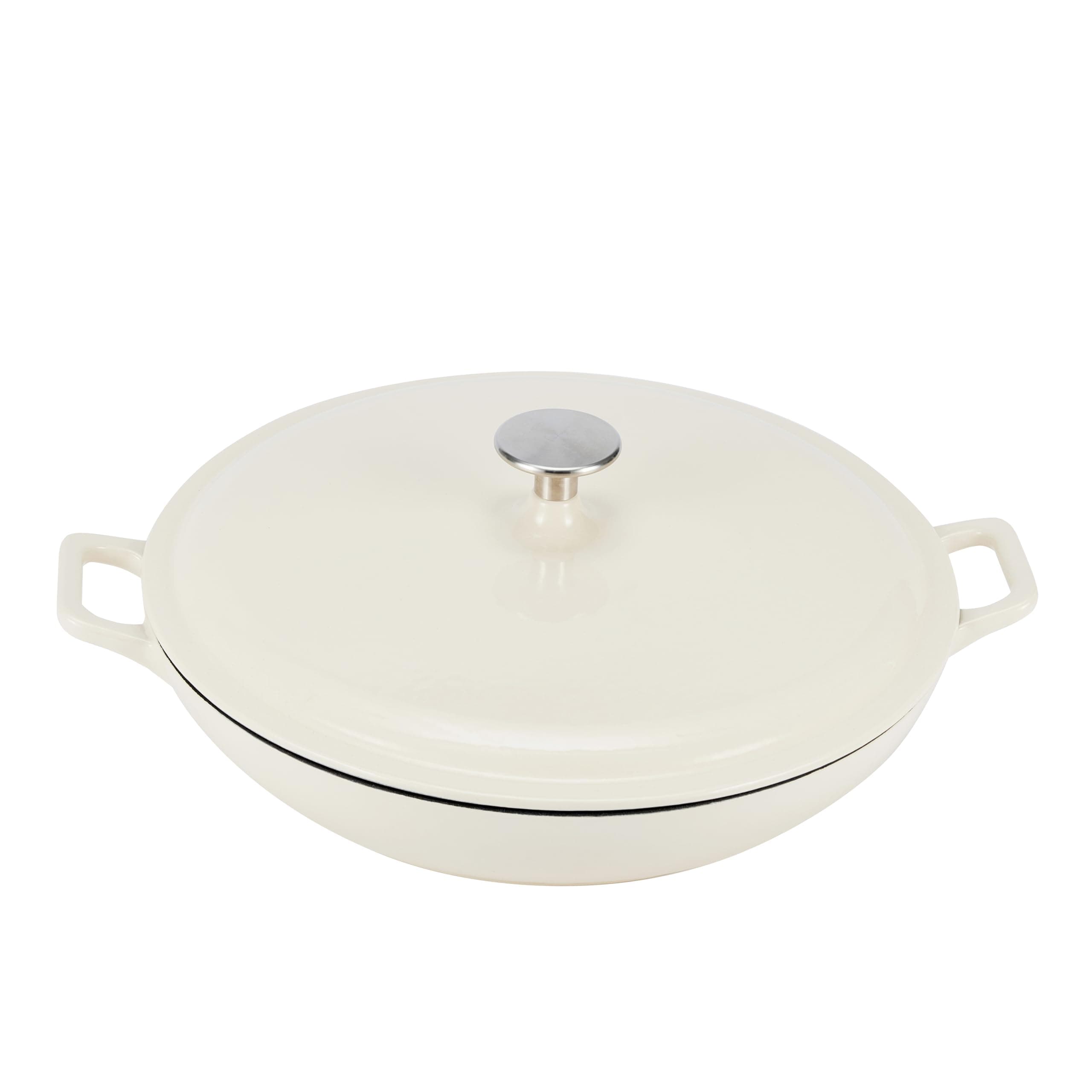 Amazon Basics Round Enameled Cast Iron Covered Casserole Skillet, 3.1 l, White