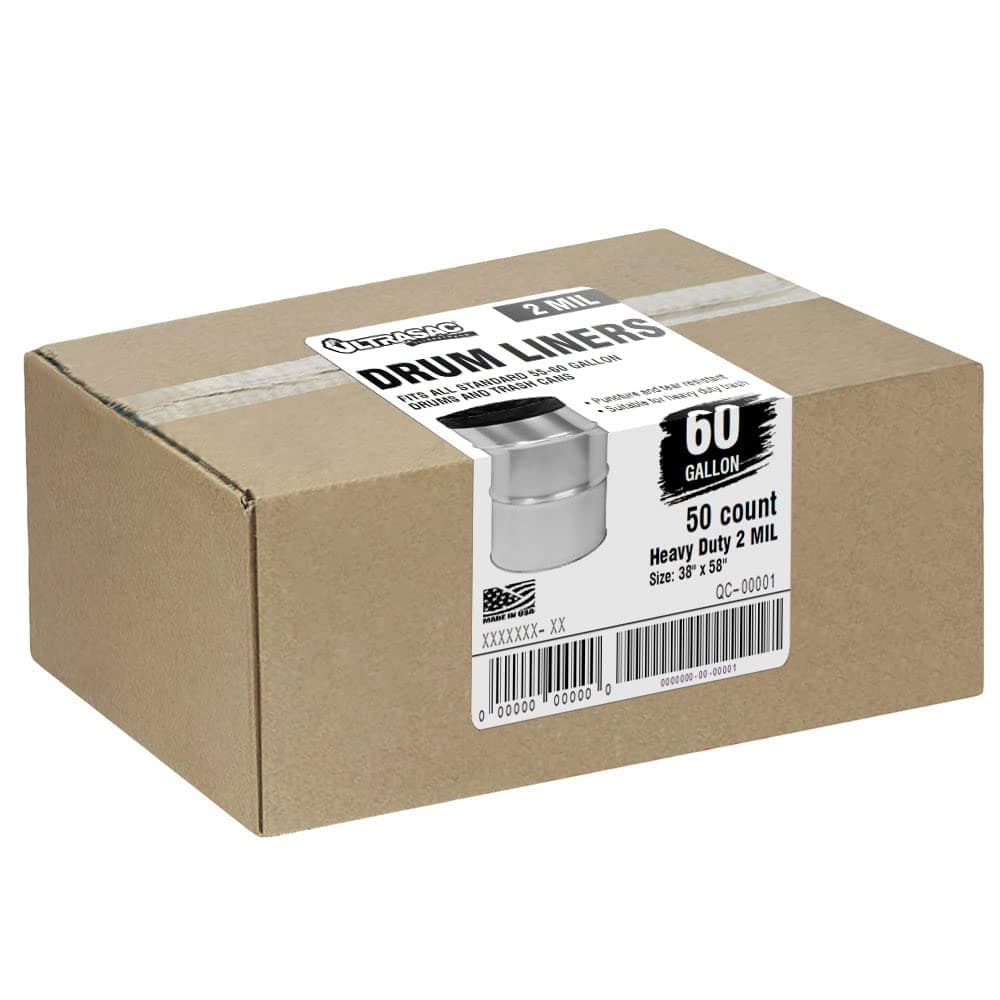 Ultrasac - Heavy Duty Drum Liner, 55-60 Gallon, 2 Mil, 38"x58", Black, 50 Count/w Ties