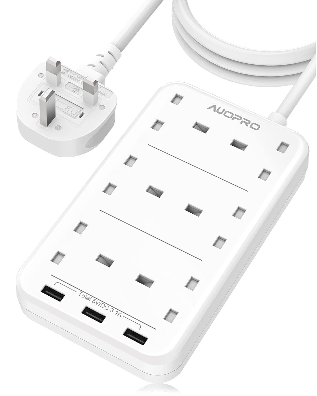 Extension Lead with USB Slots, 6 Way Plug Extension 3 USB, Multi Plug Electric Power Extension, Power Strip Surge Protection, 3250W/13 Amp, Extension Cable 2 M for Home and Office, White