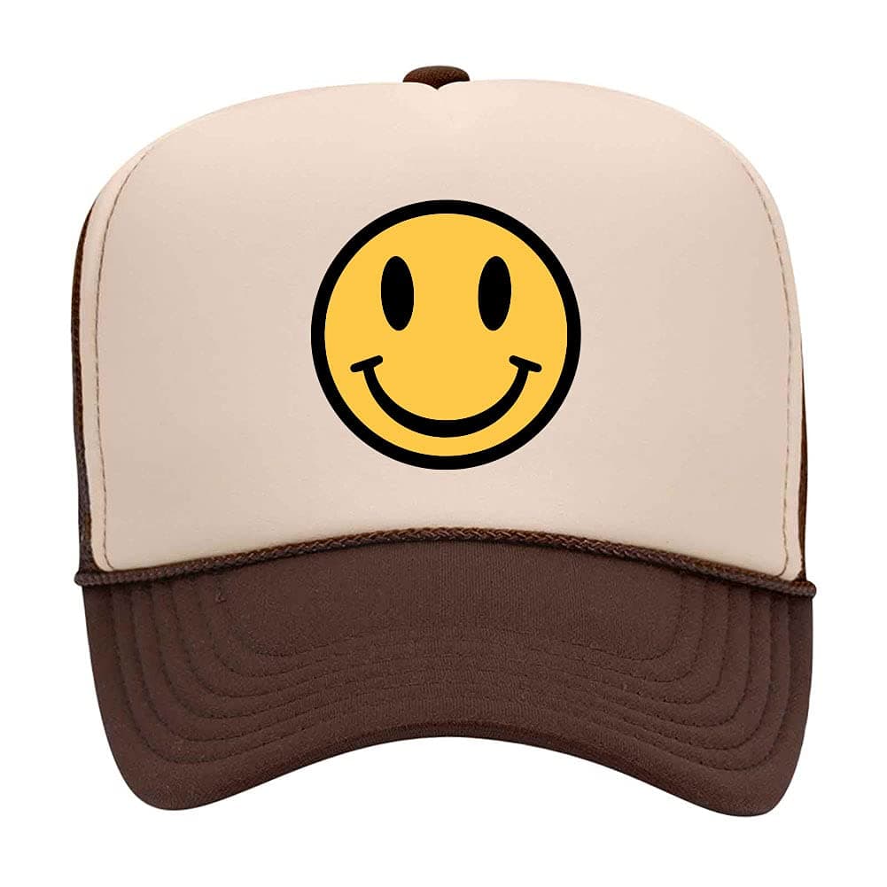 Yellow Smile Face Suede Like Feel Textured Printed 5 Panel Two Tone High Crown Mesh Back Trucker Hat