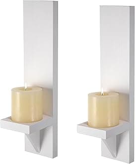 OwnMy Set of 2 Wooden Wall Candle Sconces Rustic Wall Pillar Candle Sconces, White Hanging Wall Candle Sconce Farmhouse Candle Holders for Living Room