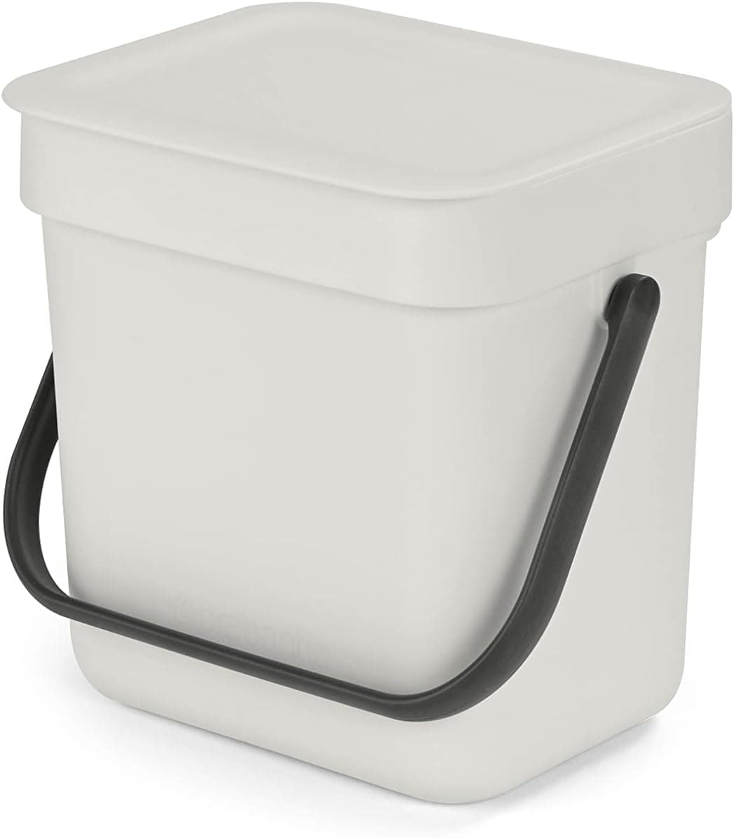 Brabantia Sort & Go Food Waste Bin 3L (Light Grey), Space-Efficient Plastic Recycle Bin with Handle, Removable and Stay-Open Lid, Easy to Clean Kitchen Compost Caddy without Nooks and Rims