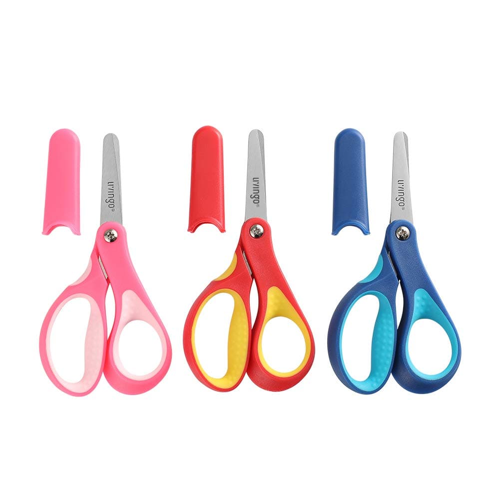 5" Small School Student Blunt Kids Craft Scissors, Sharp Stainless Steel Blades Safety Comfort Grip for Children Cutting Paper, Assorted Color, 3 Pack