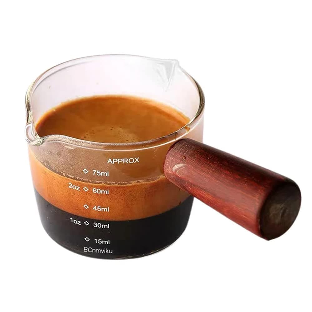 1 Pack Double Spouts Measuring Triple Pitcher Milk Cup 75ML Espresso Shot Glasses Parts Clear Glass with Wood Handle