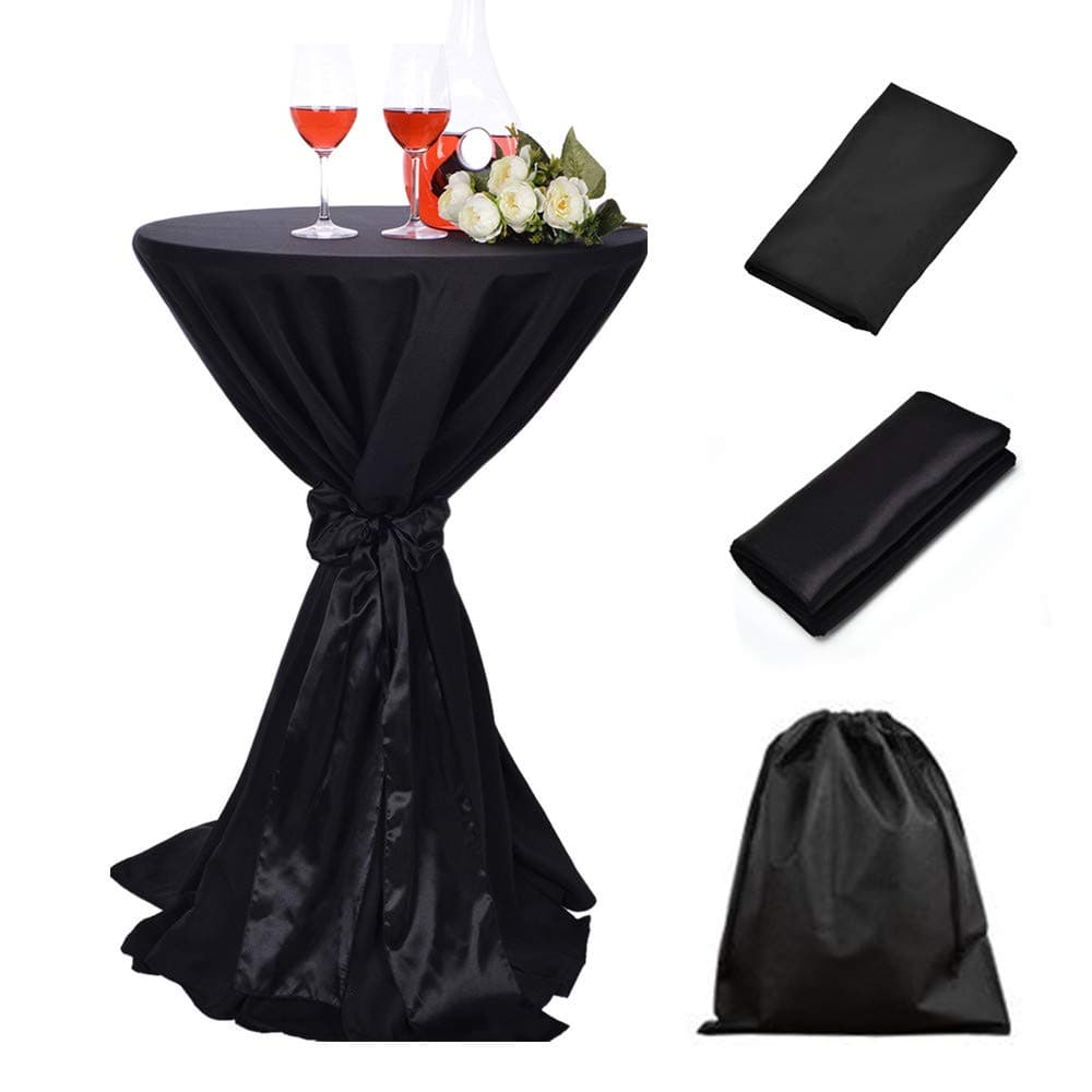 30 Inch (2.5 FT) Black Polyester Cocktail Tablecloth Linen + Black Satin Sash for Decoration of Wedding Engagement Club Bar Outdoor Party
