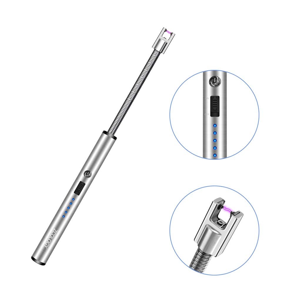 Candle Lighter, Electric Arc Lighter with Long Flexible Neck, Windproof USB Rechargeable Lighter Flameless, with Safety Switch for BBQ, Grill, Camping, Kitchen, Fireworks (Gray)