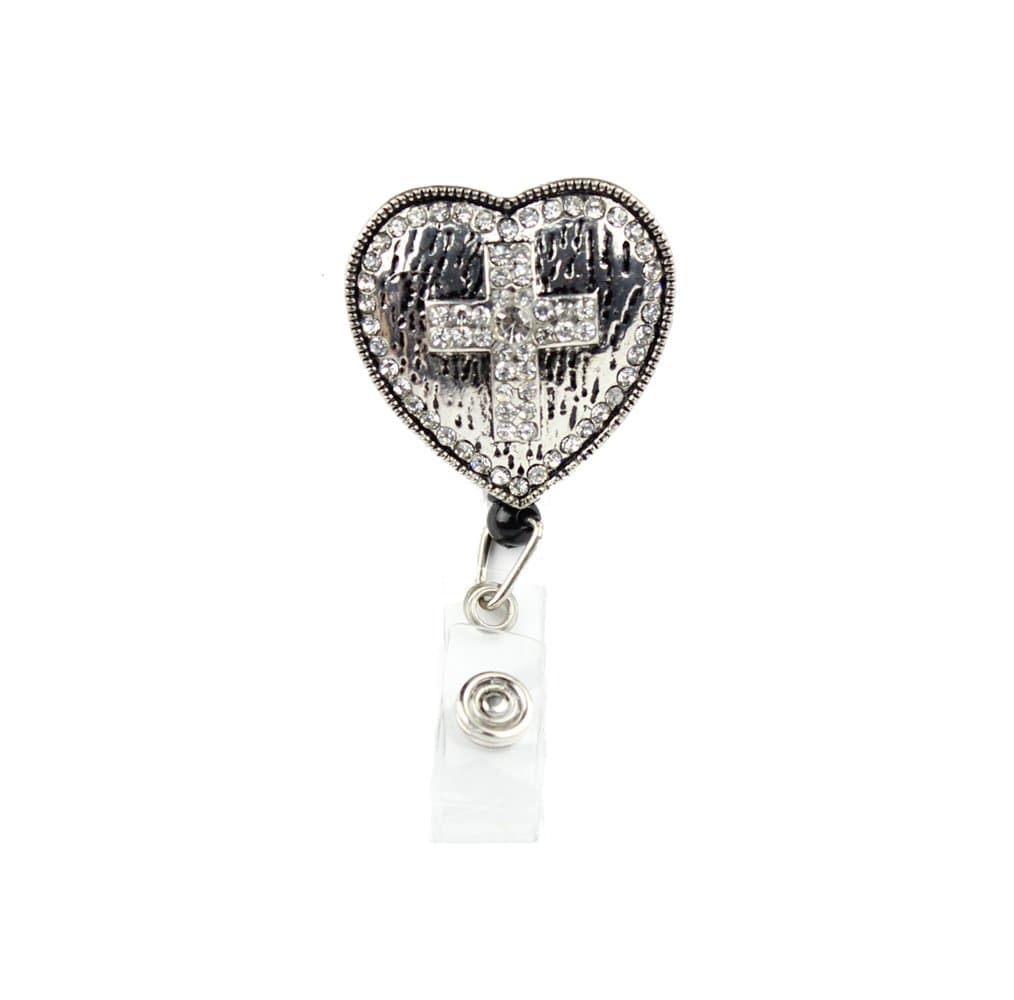 3TEN Heart Cross Rhinestone Embedded Pull Reel Badge ID Identification Holder
