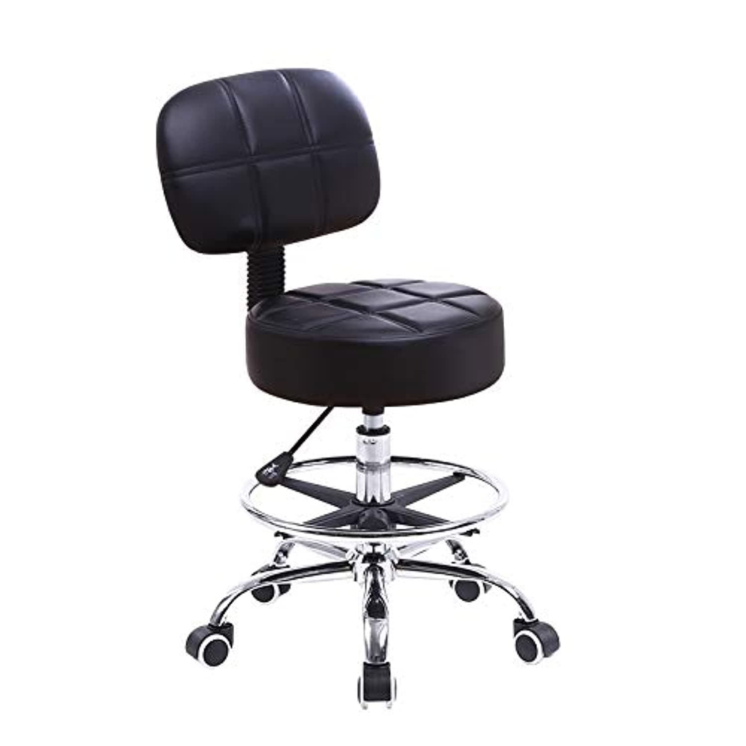 Swivel Round Rolling Stool PU Leather with Adjustable Foot Rest, Height Adjustable Task Work Drafting Chair with Back (Black)