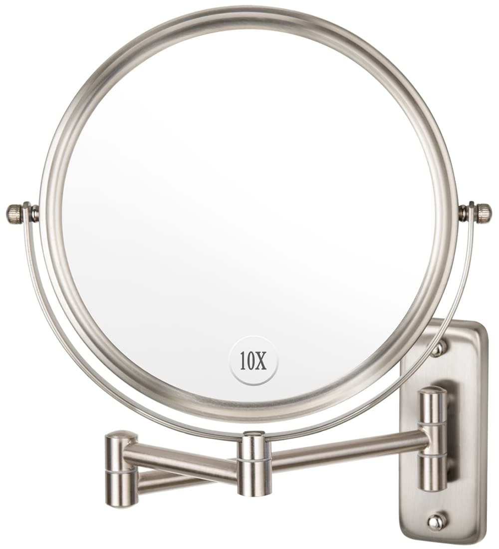 ALHAKIN Wall Mounted Makeup Mirror - 10x Magnification 8' Two-Sided Swivel Extendable Bathroom Mirror Nickel Finish