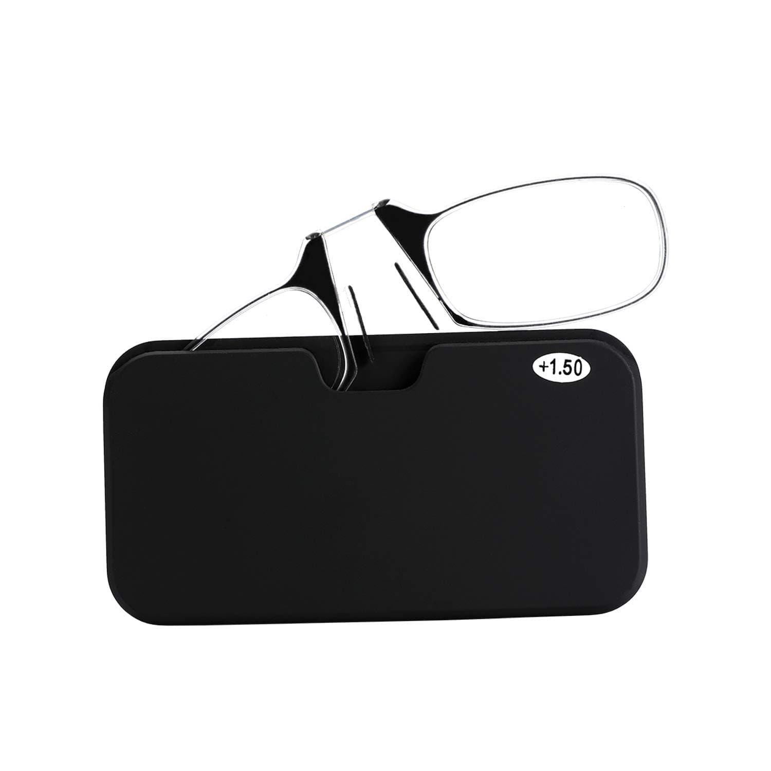 Reading Glasses Black Portable Universal Pod Case Frame 1.50 Strength Ultra-Thin Design and Flexible Nose Resting Pinching Readers with No Temple Arms for Men and Women