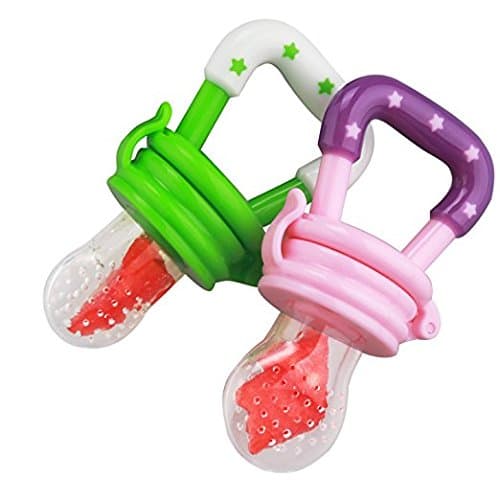 Baby Fruit Feeder Pacifier Combo (4 Pack) - Fruit Feeder for Healthy Teething. Includes Two Baby Feeders and Two Replacement Parts. (Pink - Green)