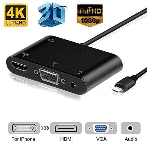 HDMI VGA AV Adapter Converter, 2020 Latest Version 4 in 1 Plug and Play Digtal AV Adapter Compatible for iPhone X / 8 / 8Plus/7/7Plus/6/6s/6s Plus/5/5s iPad iPod to Projector HDTV