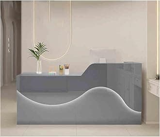 Modern Reception Desk with Spacious Desktop & Large Storage, Stylish Front Office Desk for Receptionist, Gray Finish, Atmosphere Lighting Design (120CM, Left)