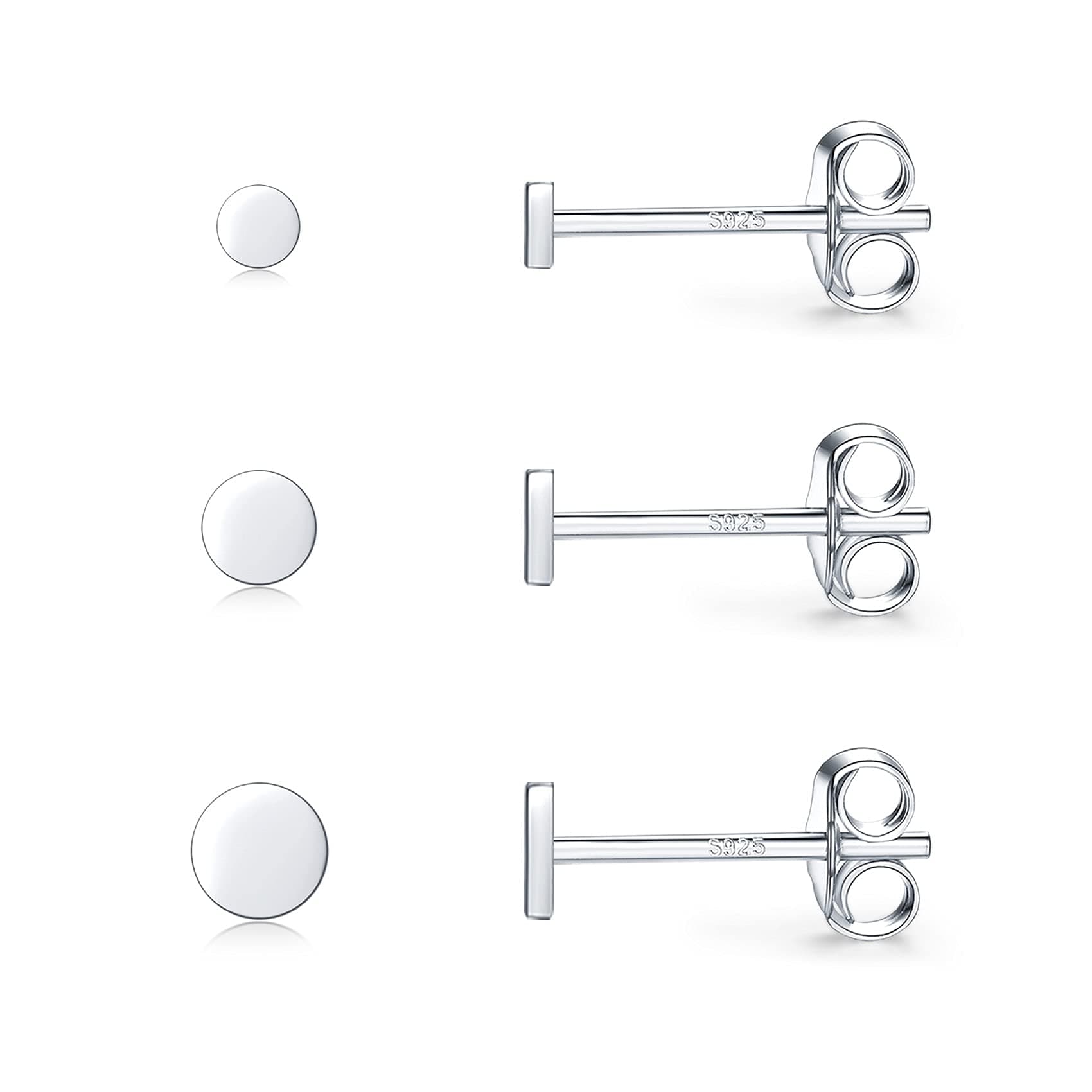 SNORSOSterling Silver Stud Earrings for Women, Tiny Flat Dot Earrings Set | Small Hypoallergenic Circle Stud Earrings | Dainty Round Tragus Cartilage Studs for Men (2mm/3mm/4mm)