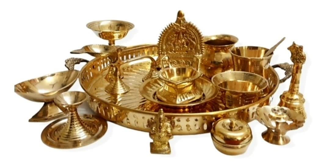 Brass Puja Thali Set (15 Items) - with Handles for Puja, Gift, Home Decor - 11 inches