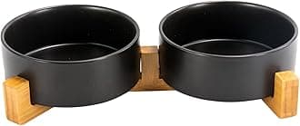 SPUNKYJUNKY Ceramic Dog and Cat Bowl Set with Wooden Stand, Modern Cute Weighted Food Water Bowl Set for Medium to Large Size Dogs (42 OZ, 2 × Black)