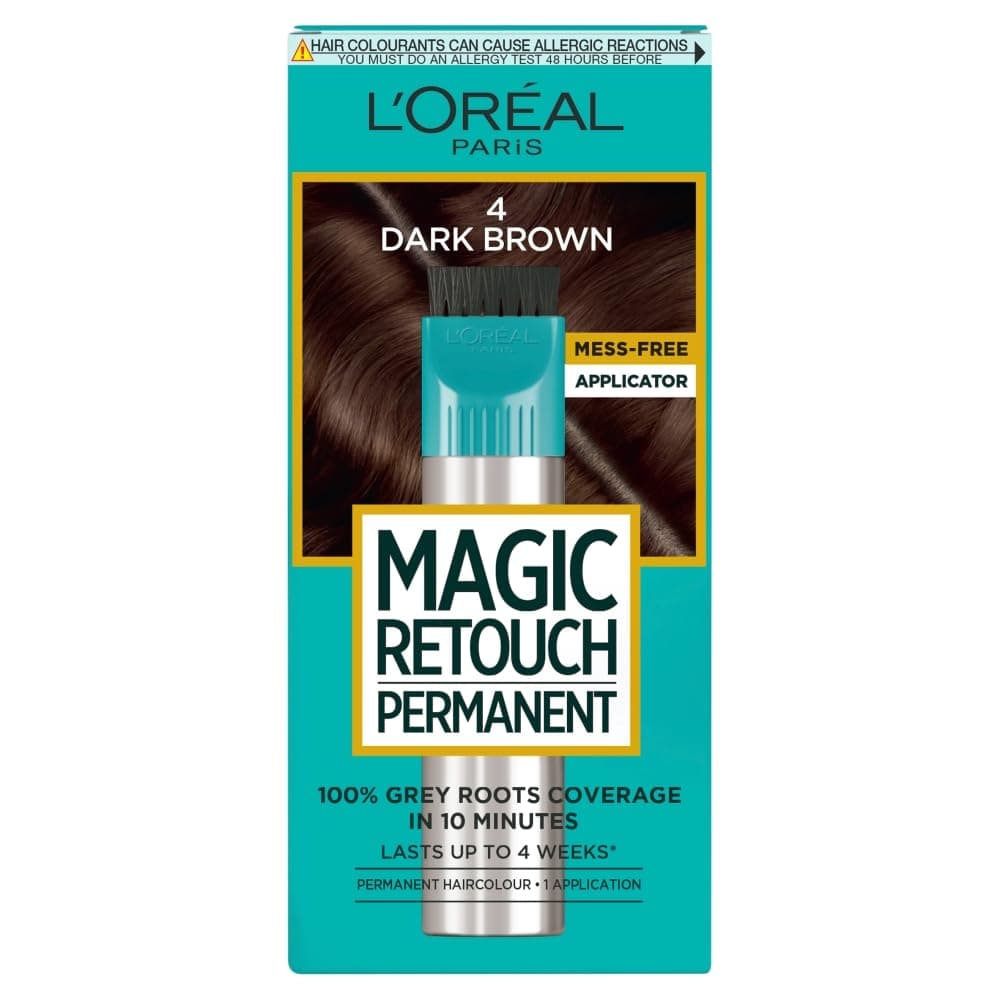 L'Oréal Paris Magic Retouch Instant Root Spray, Dark Brown 4. Delivers flawless coverage for grey regrowth in 3 sec. 75ml Dark Brown 4 shade provides a quick, easy natural-looking solution for roots.