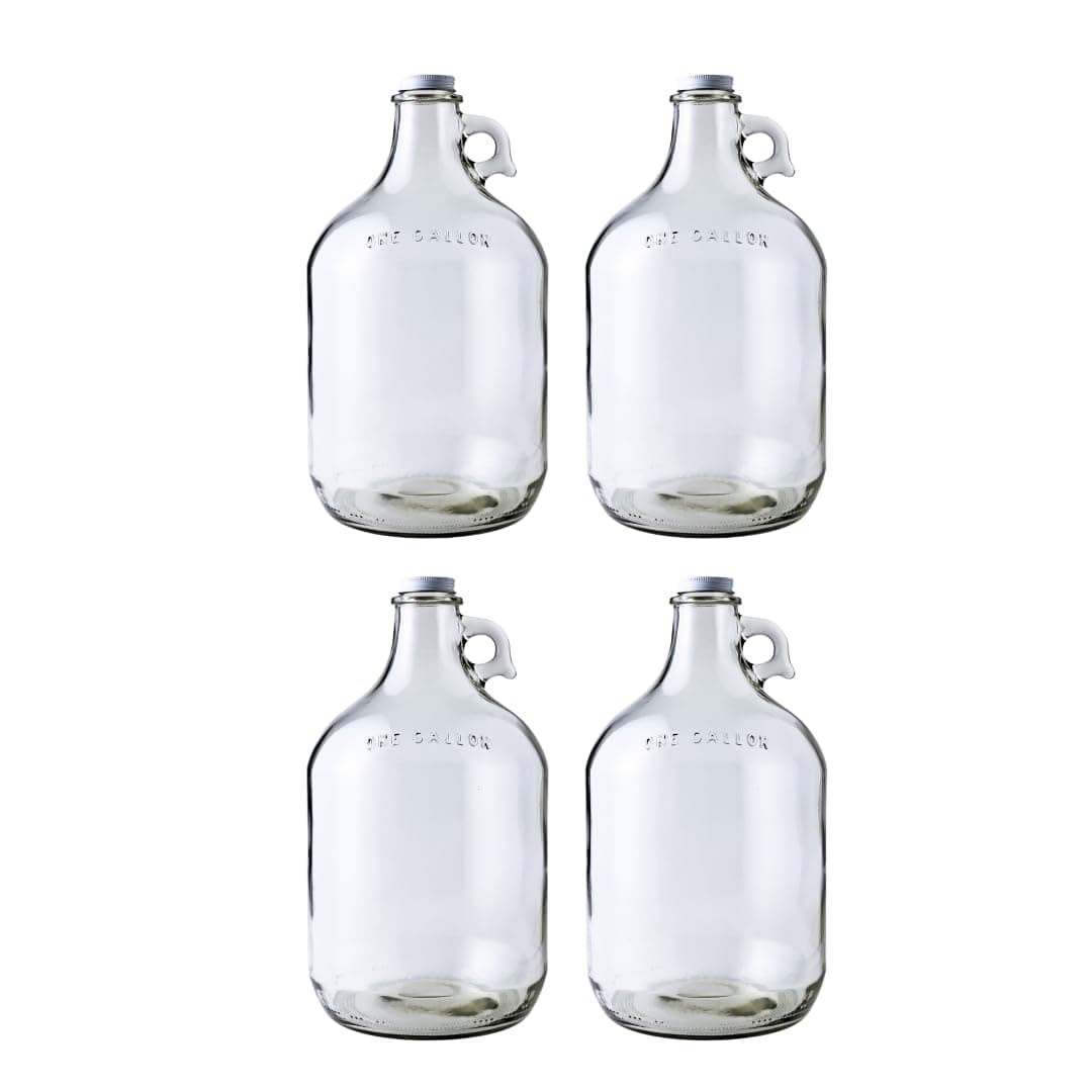 Fastrack 4-Pack 1 Gallon Glass Jug Set (128 oz) w/ White Metal Caps | Multipurpose 1 Gallon Jug, & Detergent Dispenser for Laundry, Glass Jar for Liquids, Water & Juice