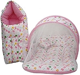 New Born Baby Boy'S & Baby Girl'S Cotton Bedding Set Combo Of Mattress With Mosquito Net And Sleeping Bag Cum Baby Carry Bag (0-6 Months Pink Teddy, Single Size)