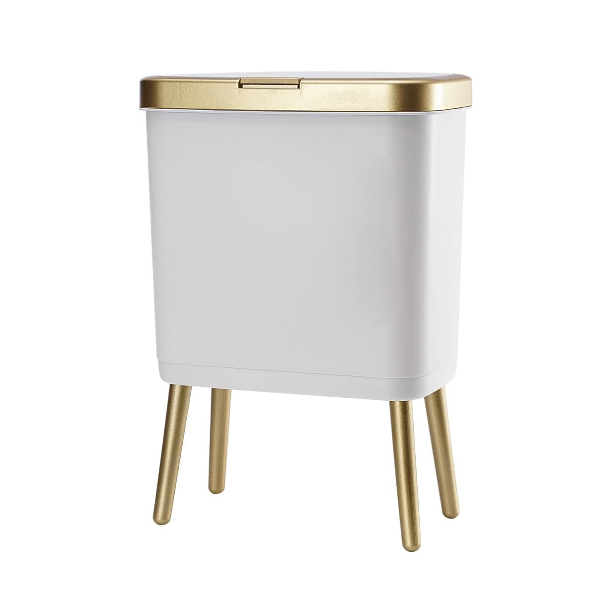 Procade Bathroom Trash Can with Lid, Plastic Garbage Can with Legs, 4 Gallon Gold Trash Bin with Push Button, Narrow White Trash Can Waste Basket for Bedroom, Living Room,Office,Dog Proof Trash Bin
