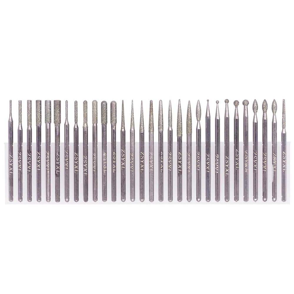Wolfride 30Pcs Diamond Burr Set Diamond Drill Bit 2.35mm Shank for Gemstone, Sea Shell, Glass, Ceramic, Metal