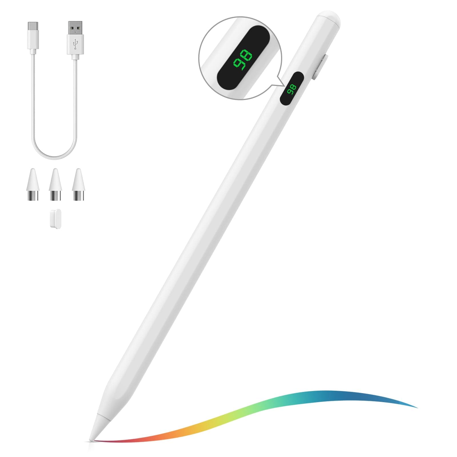 MoKo Stylus Pen for Touch Screen, Active Universal Stylus Pen Compatible with iPad/iPhone/Samsung(Non-S Pen) and Other iOS/Android Smartphone and Tablet Devices Tablet Pencil with Power Display, White