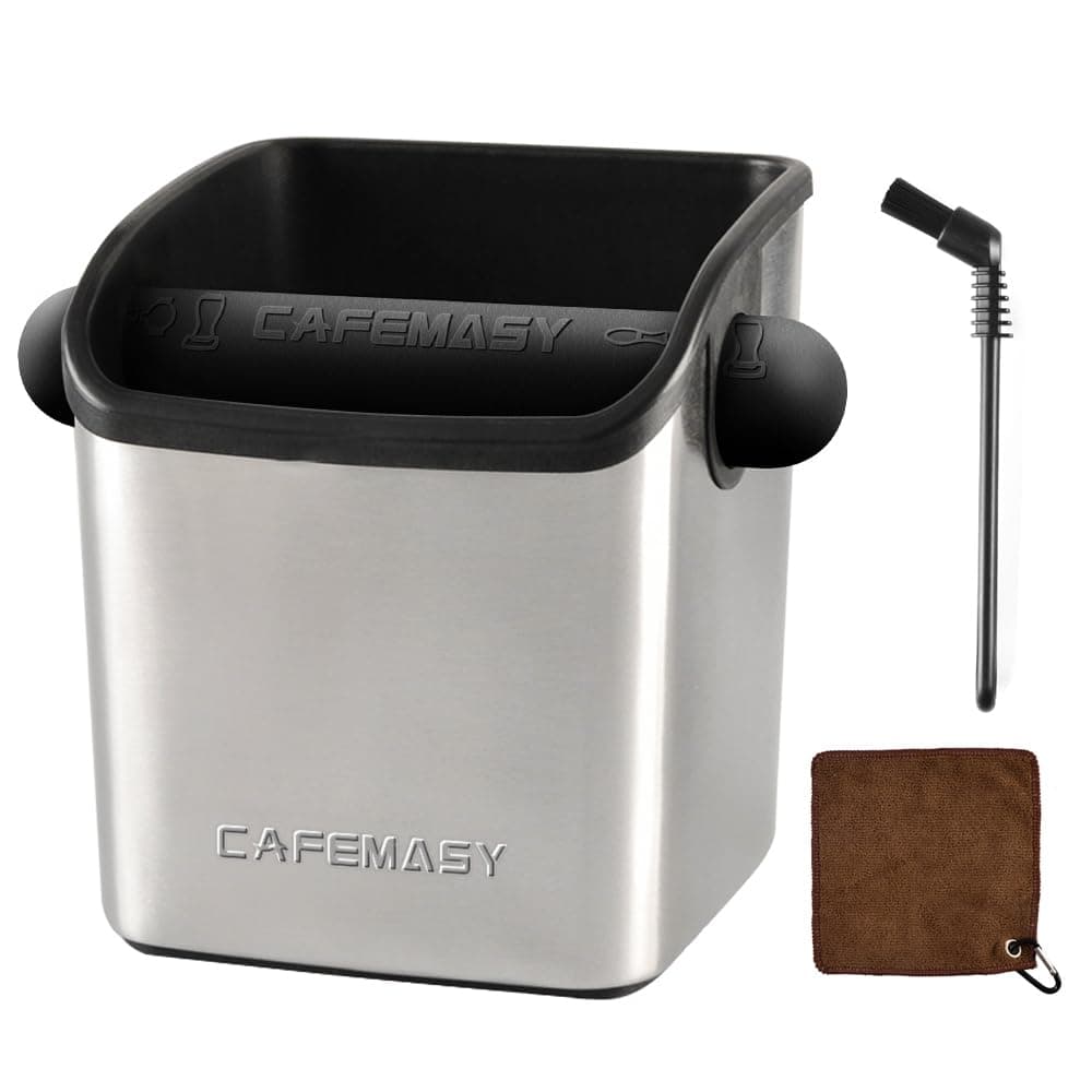 CAFEMASY Espresso Grounds Knock Box - Small Durable Stainless Steel With Removable Bar and Brush